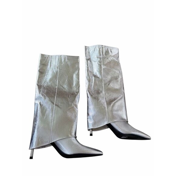 Open Edit Tall Boot in Silver Metallic Size 5.5 Stiletto Heel Pointed Toe - Picture 3 of 7